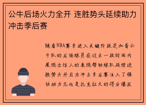 公牛后场火力全开 连胜势头延续助力冲击季后赛