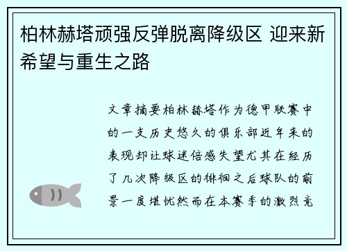柏林赫塔顽强反弹脱离降级区 迎来新希望与重生之路