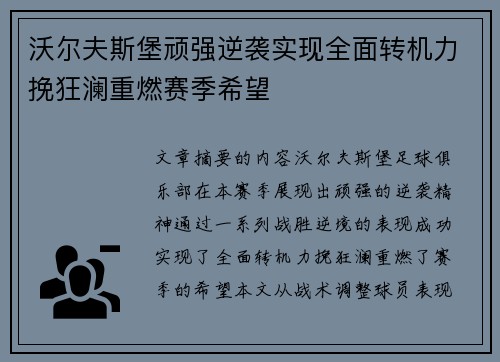沃尔夫斯堡顽强逆袭实现全面转机力挽狂澜重燃赛季希望