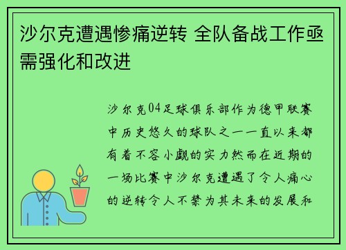 沙尔克遭遇惨痛逆转 全队备战工作亟需强化和改进