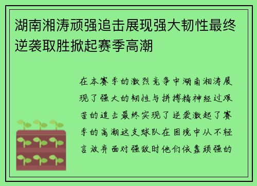 湖南湘涛顽强追击展现强大韧性最终逆袭取胜掀起赛季高潮