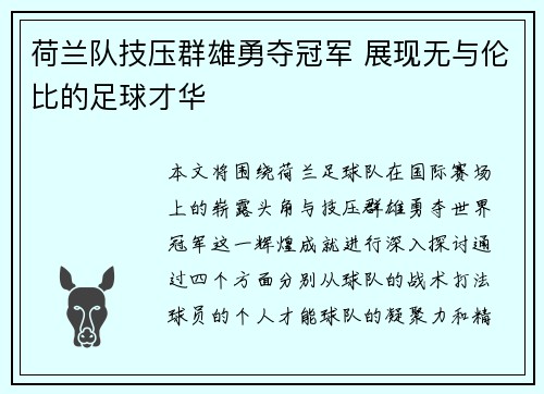 荷兰队技压群雄勇夺冠军 展现无与伦比的足球才华