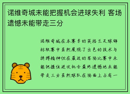 诺维奇城未能把握机会进球失利 客场遗憾未能带走三分