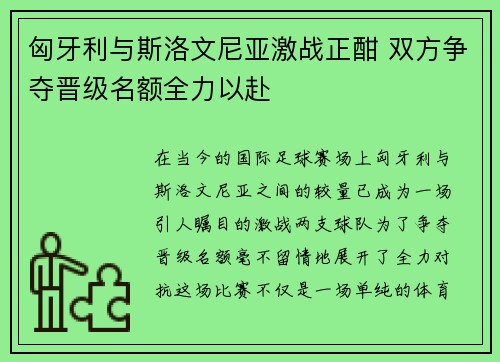 匈牙利与斯洛文尼亚激战正酣 双方争夺晋级名额全力以赴