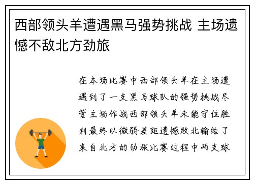 西部领头羊遭遇黑马强势挑战 主场遗憾不敌北方劲旅
